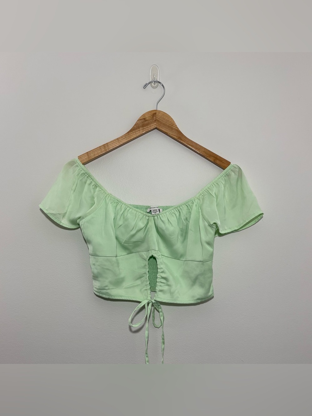 American Eagle light green boat-neck satin finish cropped top (small)
